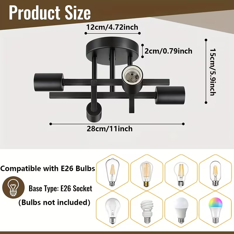 Modern Industrial Style Black 4-Bulb Flush Mount Ceiling Light Semi Flush Mount Lighting Fixture for Kitchen Hallway Laundry h5ba75a5649974986ade26e8e033912a6g