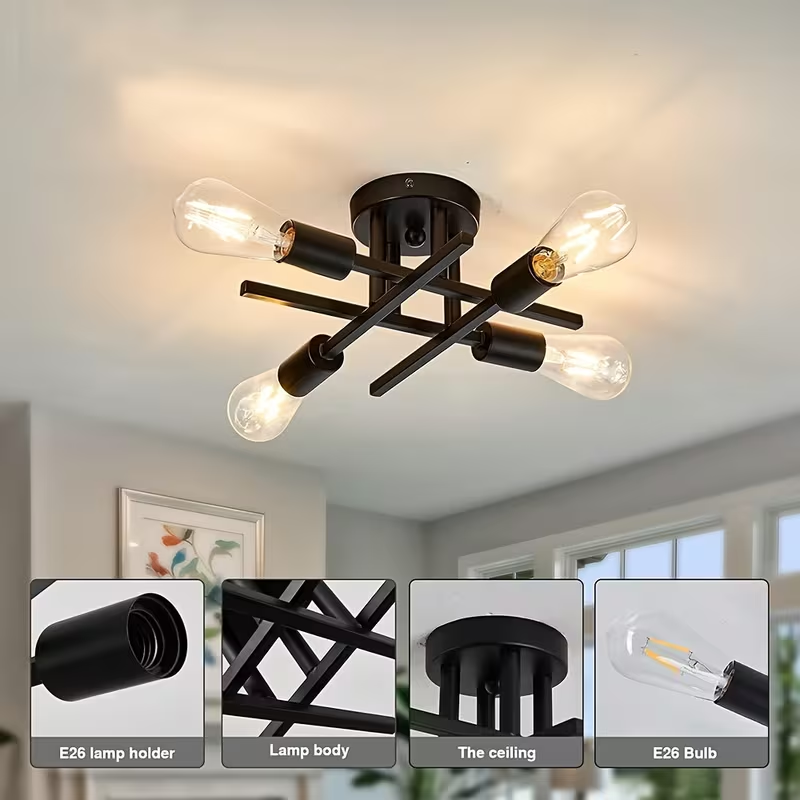 Modern Industrial Style Black 4-Bulb Flush Mount Ceiling Light Semi Flush Mount Lighting Fixture for Kitchen Hallway Laundry h6f47f51bf29f48f791569c8165878fd3o