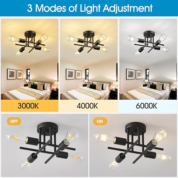 Modern Industrial Style Black 4-Bulb Flush Mount Ceiling Light Semi Flush Mount Lighting Fixture for Kitchen Hallway Laundry h84230eb56d134d12b15198c20ad31540b